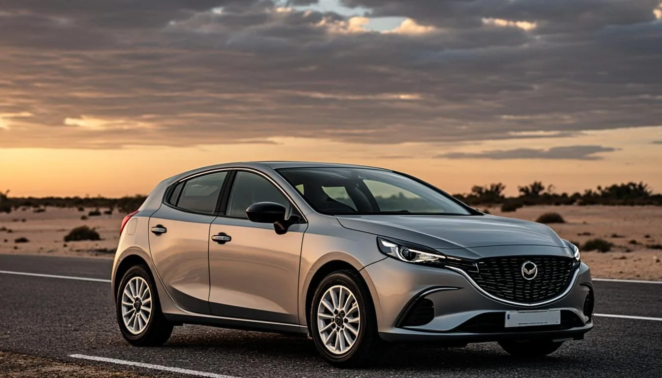 Silver Mazda Demio hatchback parked on a Namibian road at dusk